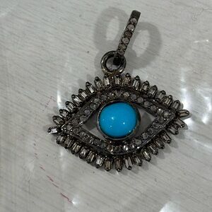 Turquoise and Oxidized Silver Baguette Diamond Eyelash Evil Eye Pendant